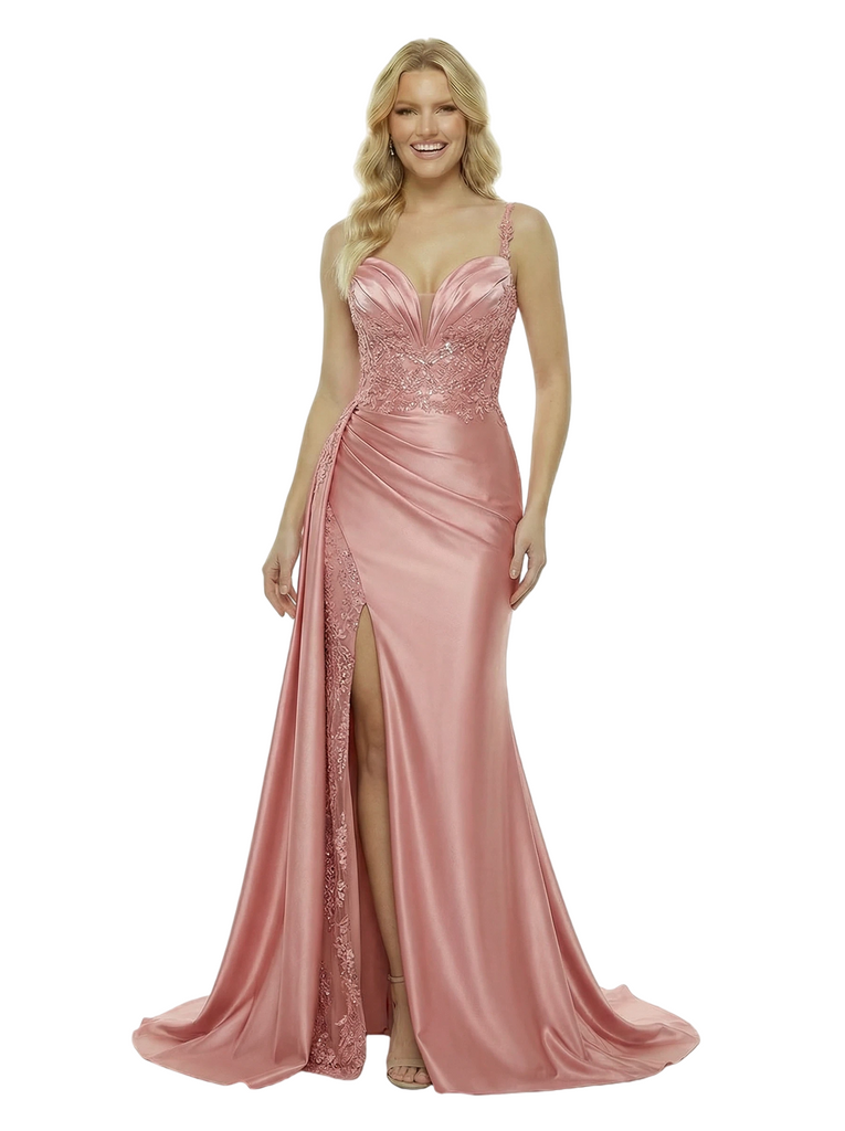 ChicSew Spaghetti Straps V-Neck Slit Prom Dress Lace Mermaid Formal Evening Gown With Side Overlay