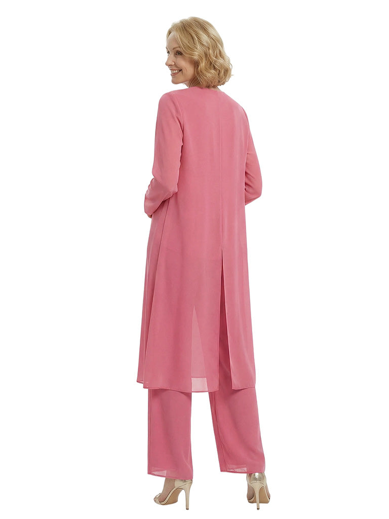 Fancy Scoop Neck 3-Piece Mother Of The Bride Pansuit With Long Chiffon Jacket
