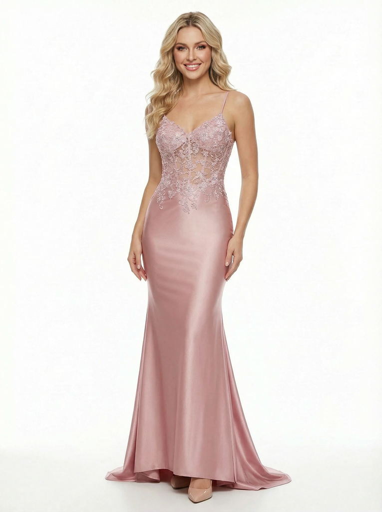Chic Spaghetti Strap Deep V-Neck Satin Prom Dress with Lace Applique