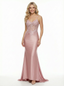 Chic Spaghetti Strap Deep V-Neck Satin Prom Dress with Lace Applique
