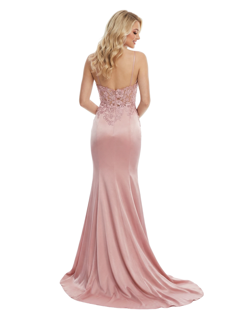 ChicSew Classy Spaghetti Straps V-Neck Corset Prom Dress Satin Lace Mermaid Evening Gown