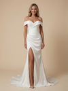 Mermaid Off Shoulder Side Slit Ruched Maxi Long Satin Wedding Dresses Online