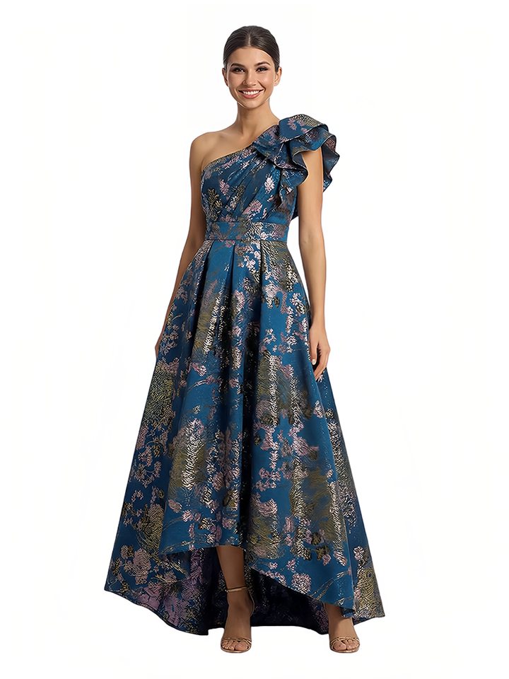 Elegant Floral One Shoulder A-Line High Low Formal Evening Dresses