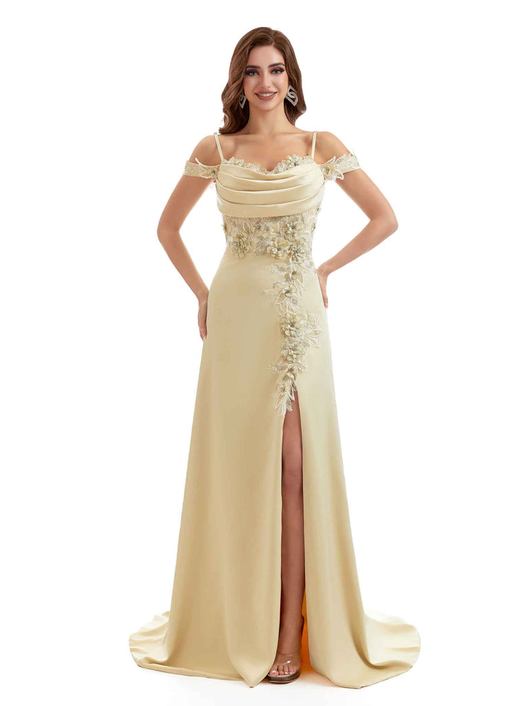 Sexy Mermaid Side Split Applique Cold Shoulder Satin Modern Long Bridesmaid Dresses Online