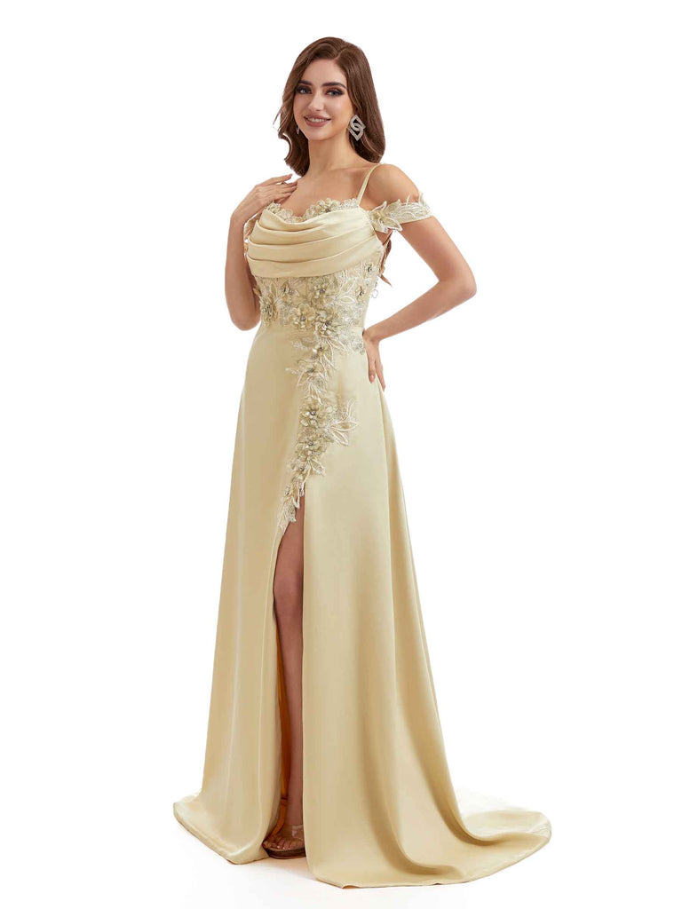 Sexy Mermaid Side Split Applique Cold Shoulder Satin Modern Long Bridesmaid Dresses Online