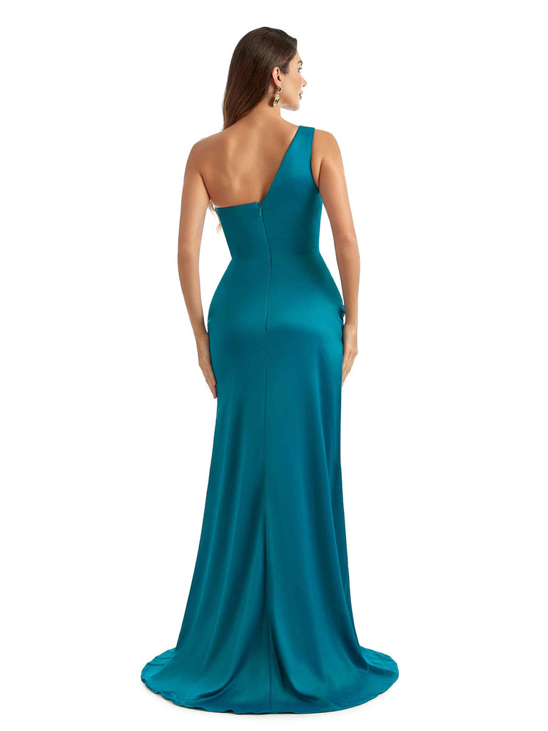 Elegant Side Slit One Shoulder Mermaid Soft Satin Unique Long Bridesmaid Dress For Wedding