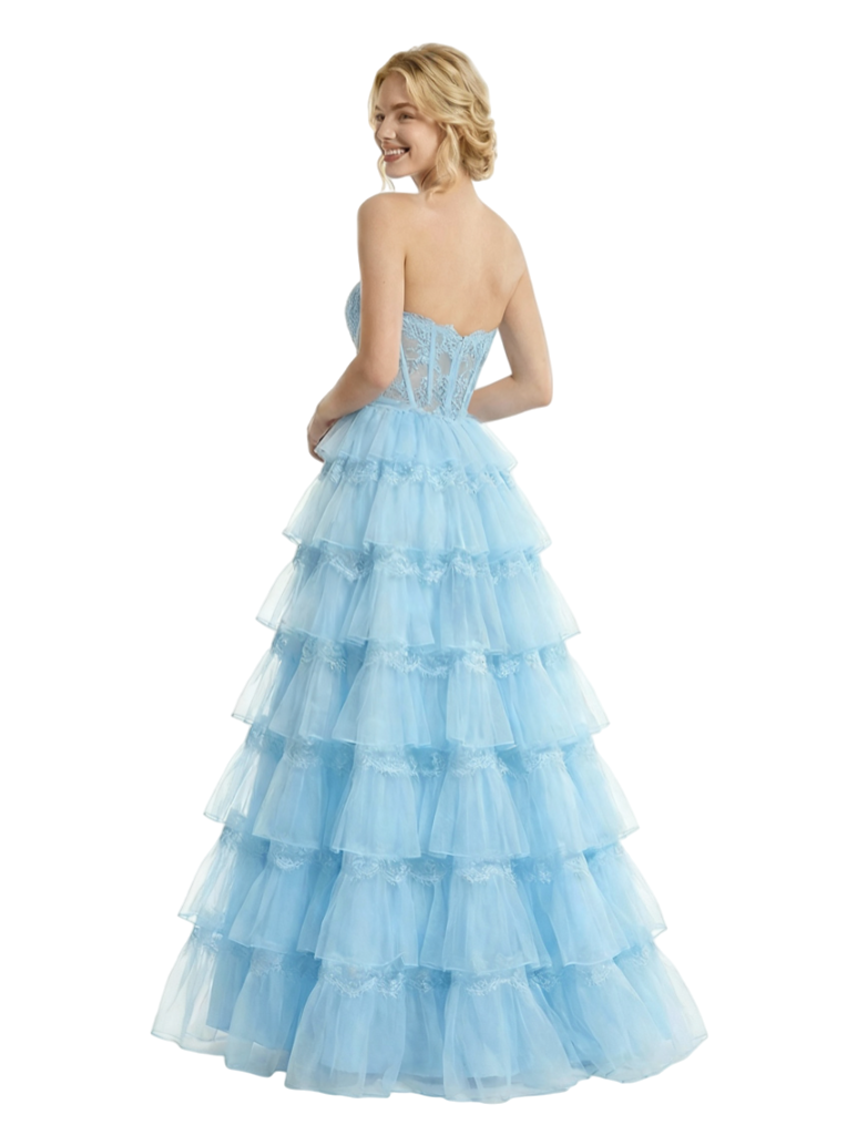 Beautiful Sweetheart Corset Lace Tulle Prom Dress With Side Slit Boning Bow Knot A-Line Gown