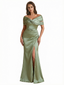 Women Elegant Off The Shoulder Ruched Satin Mermaid Long Formal Dresses Side Slit