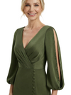 Elegant V-Neck Side Slit Lantern Sleeves Satin Mother Of The Bride Dress With Button