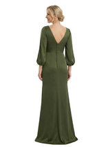 Elegant V-Neck Side Slit Lantern Sleeves Satin Mother Of The Bride Dress With Button