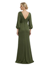 Elegant V-Neck Side Slit Lantern Sleeves Satin Mother Of The Bride Dress With Button