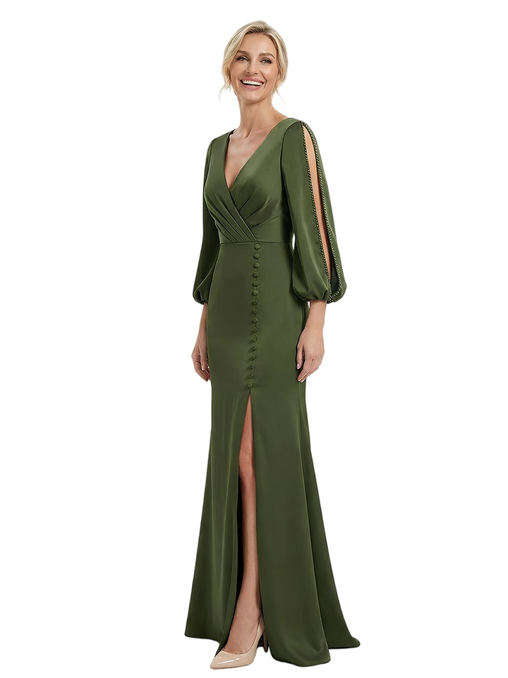 Elegant V-Neck Side Slit Lantern Sleeves Satin Mother Of The Bride Dress With Button