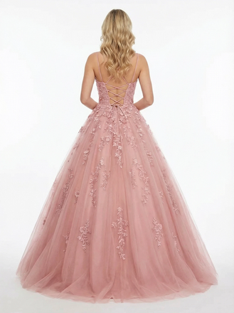 Romantic Spaghetti Strap Sweetheart Tulle Prom Dress With Lace Applique