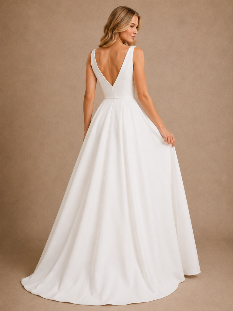 ChicSew Elegant V-Neck A-Line Crepe Ruched Floor-Length Wedding Dresses