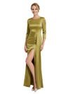 Sophisticated Jewel Long Sleeves Satin Sheath Mother Of The Groom Dress With Side Slit