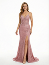 Glamorous Spaghetti Strap V-Neck Sequin Lace Side Slit Prom Dress With Lace Applique