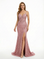 Glamorous Spaghetti Strap V-Neck Sequin Lace Side Slit Prom Dress With Lace Applique