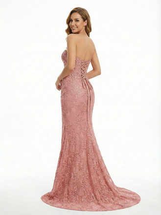 Glamorous Spaghetti Strap V-Neck Sequin Lace Side Slit Prom Dress With Lace Applique
