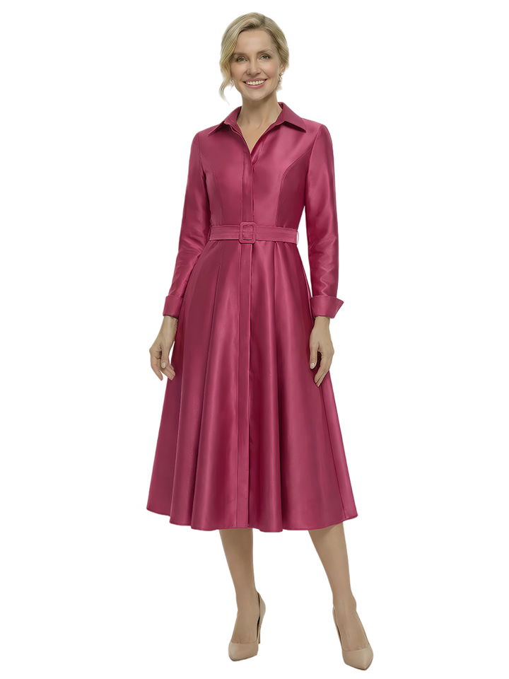 Chic Shirt Style Long Sleeves Mother Of The Bride Dress Midi A-Line Satin Gown With Belt