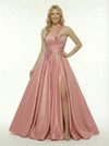 Chic One Shoulder Deep V-Neck Beaded Satin Prom Dress With A-Line Silhouette