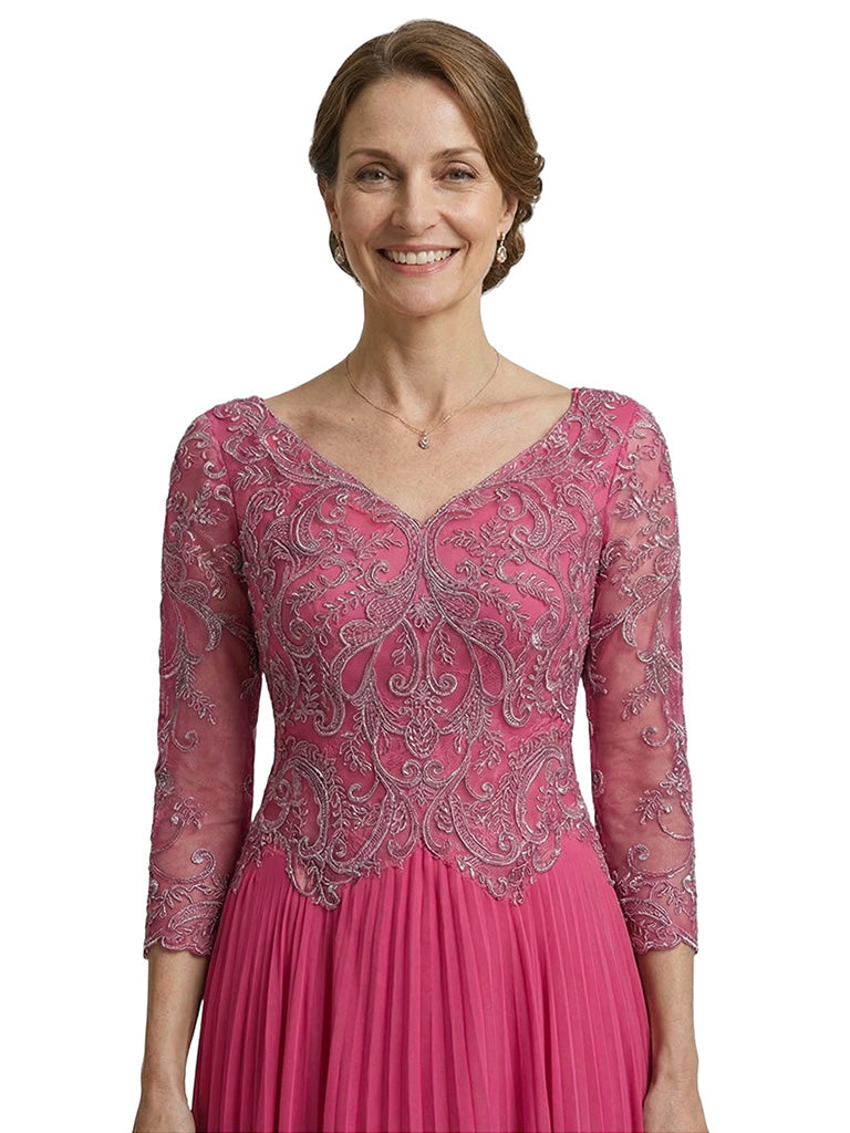 Chicsew Fancy Lace Appliques V-neck 3/4 Sleeves Ankle-Length Chiffon Mother of The Bride Gown