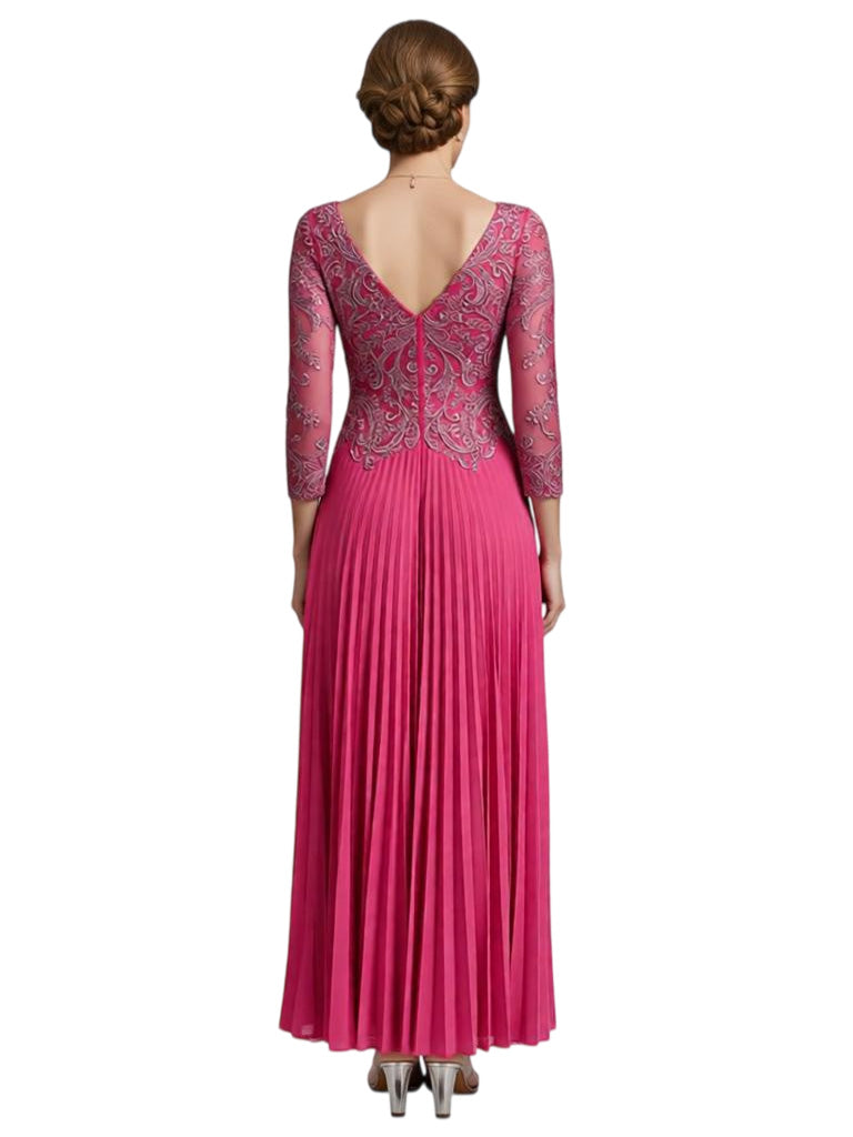 Chicsew Fancy Lace Appliques V-neck 3/4 Sleeves Ankle-Length Chiffon Mother of The Bride Gown