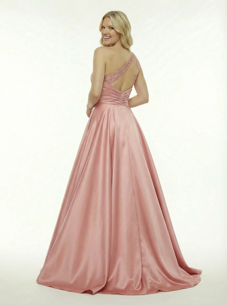Chic One Shoulder Deep V-Neck Beaded Satin Prom Dress With A-Line Silhouette