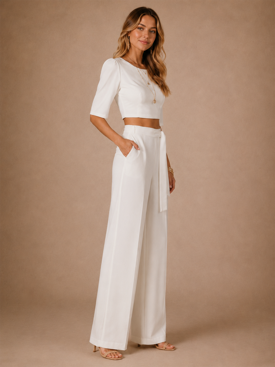 ChicSew Modern Classy Two‑Piece Crepe Round Neck Half Sleeves Maxi Wedding Jumpsuit