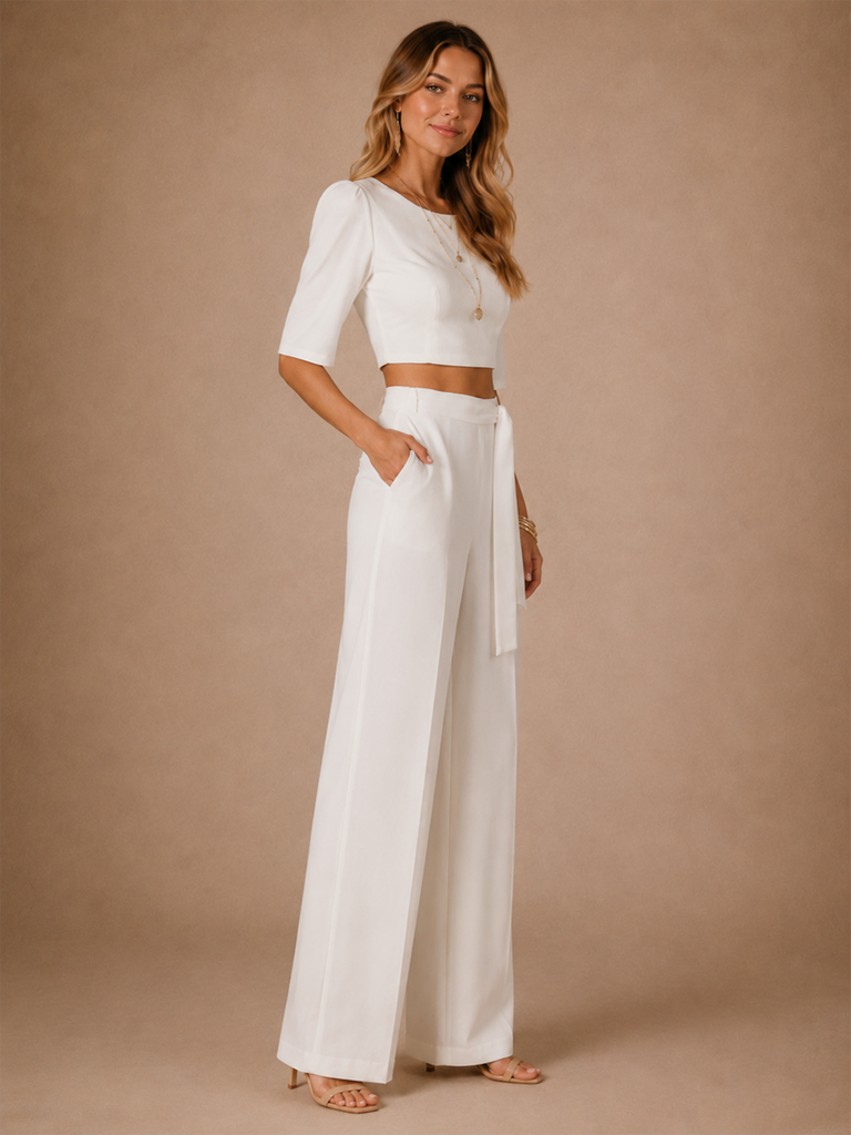 ChicSew Modern Classy Two‑Piece Crepe Round Neck Half Sleeves Maxi Wedding Jumpsuit