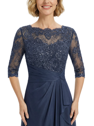 Chicsew Fancy Half Sleeves Lace Applique Chiffon A-Line Ruffle Midi Mother Of The Bride Gown