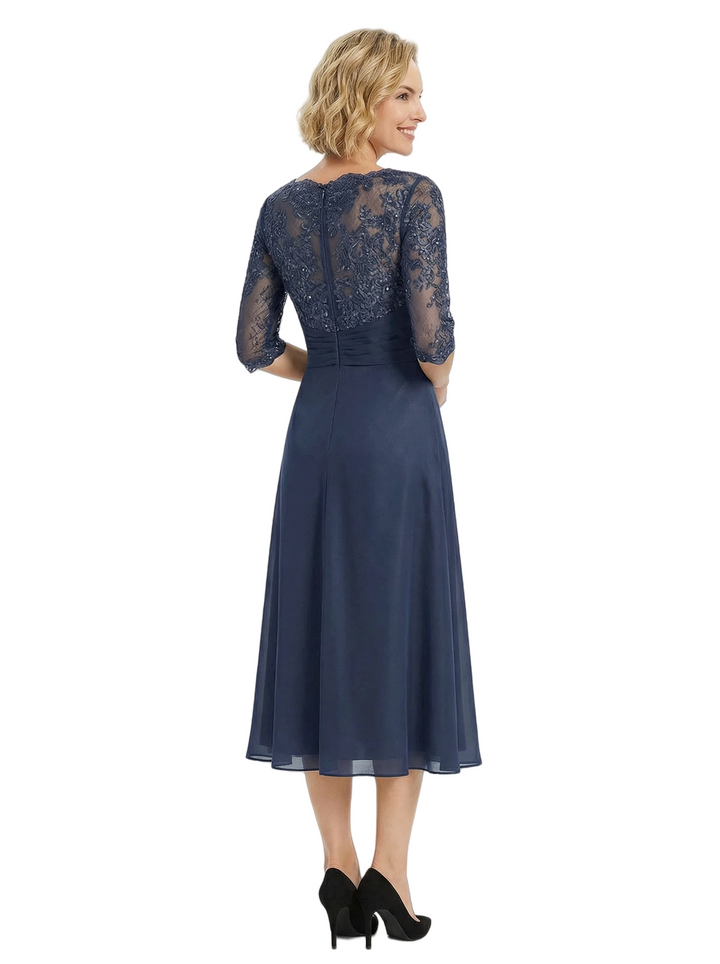 Chicsew Fancy Half Sleeves Lace Applique Chiffon A-Line Ruffle Midi Mother Of The Bride Gown
