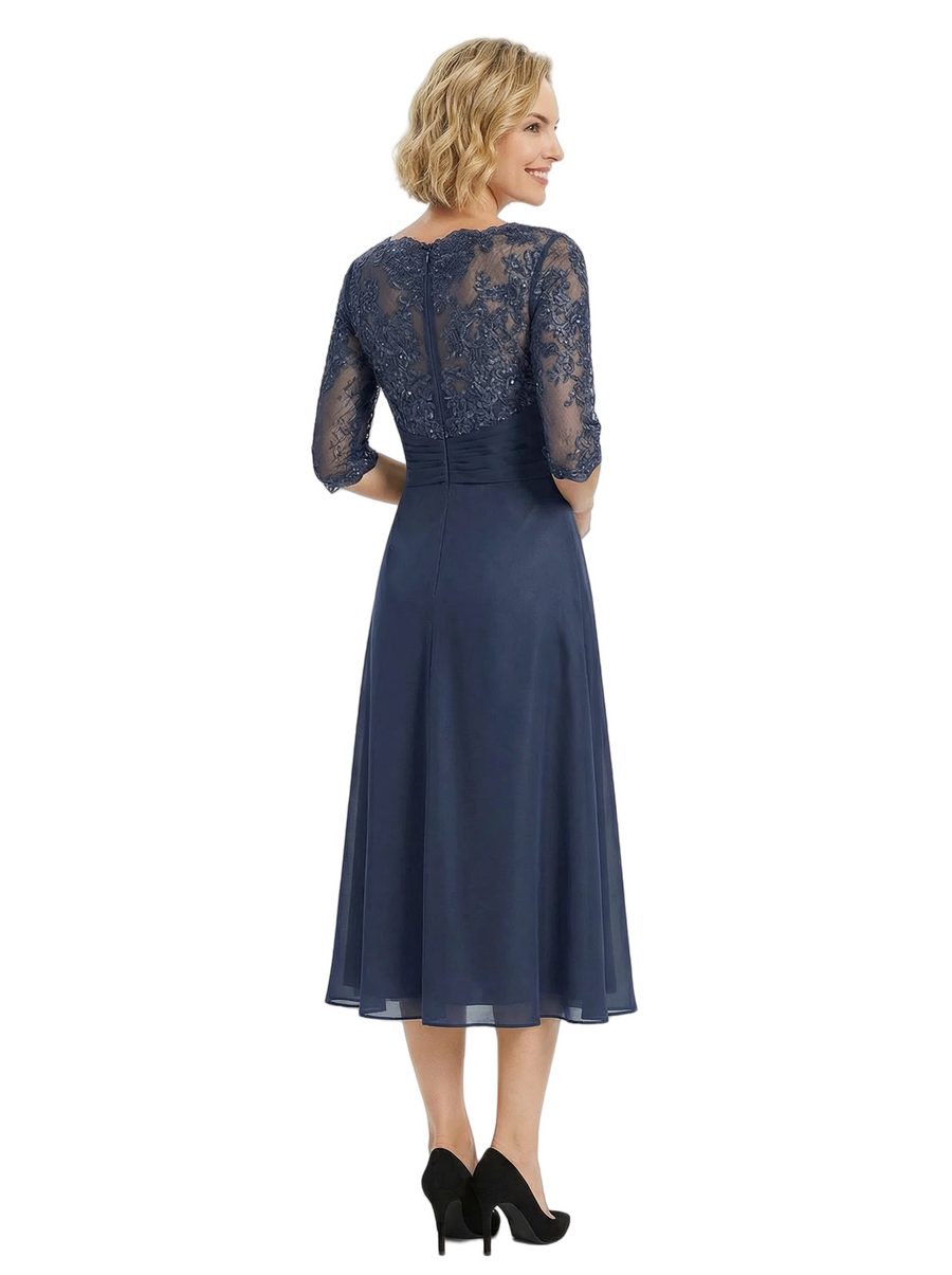 Chicsew Fancy Half Sleeves Lace Applique Chiffon A-Line Ruffle Midi Mother Of The Bride Gown