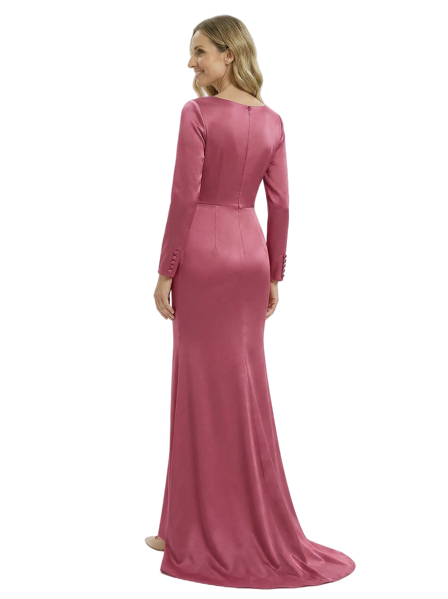 Sexy V-Neck Mermaid Floral Mother Of The Groom Dress Long Sleeves Silky Satin Gown