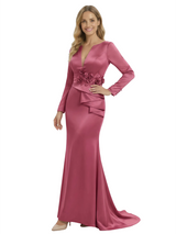 Sexy V-Neck Mermaid Floral Mother Of The Groom Dress Long Sleeves Silky Satin Gown