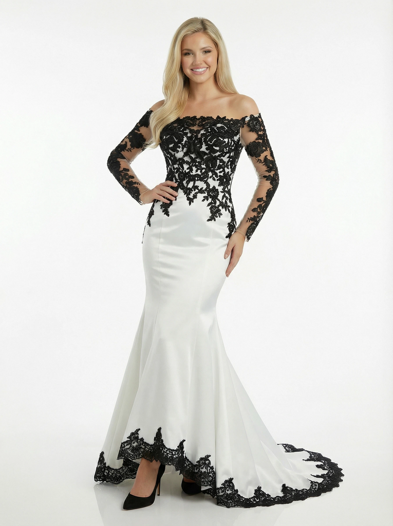 ChicSew Mermaid Evening Gown Chic Off Shoulder Black and White Lace Satin Mermaid Prom Dress, Black&White ChicSew Mermaid Evening Gown Chic Off Shoulder Black and White Lace Satin Mermaid Prom Dress, Black&White