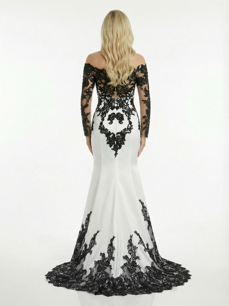 ChicSew Chic Off Shoulder Black and White Lace Satin Mermaid Prom Dress - ChicSew ChicSew Chic Off Shoulder Black and White Lace Satin Mermaid Prom Dress - ChicSew