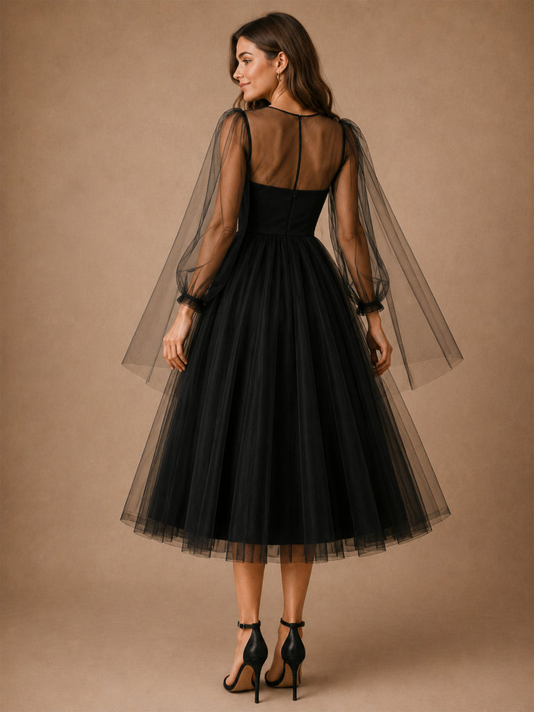 ChicSew Simple Illusion Long Sleeves Tulle A-Line Tea-Length Wedding Dresses