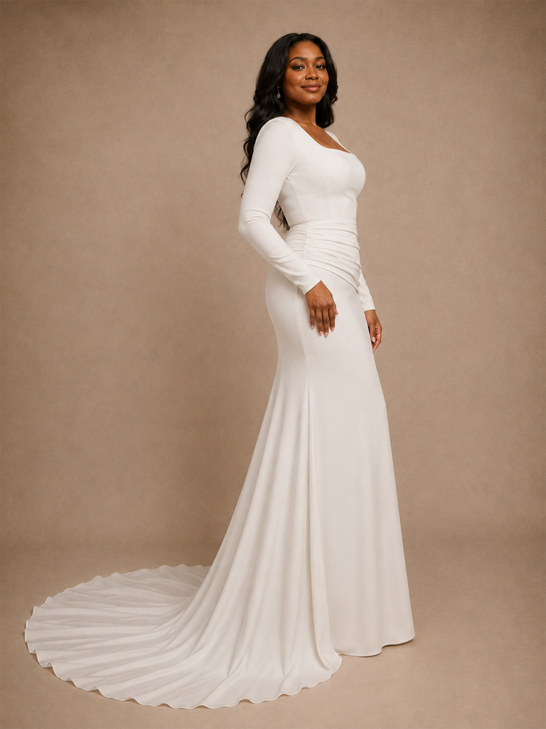ChicSew Elegant Mermaid Crepe Long Sleeves Square Neck Maxi Long Wedding Dress