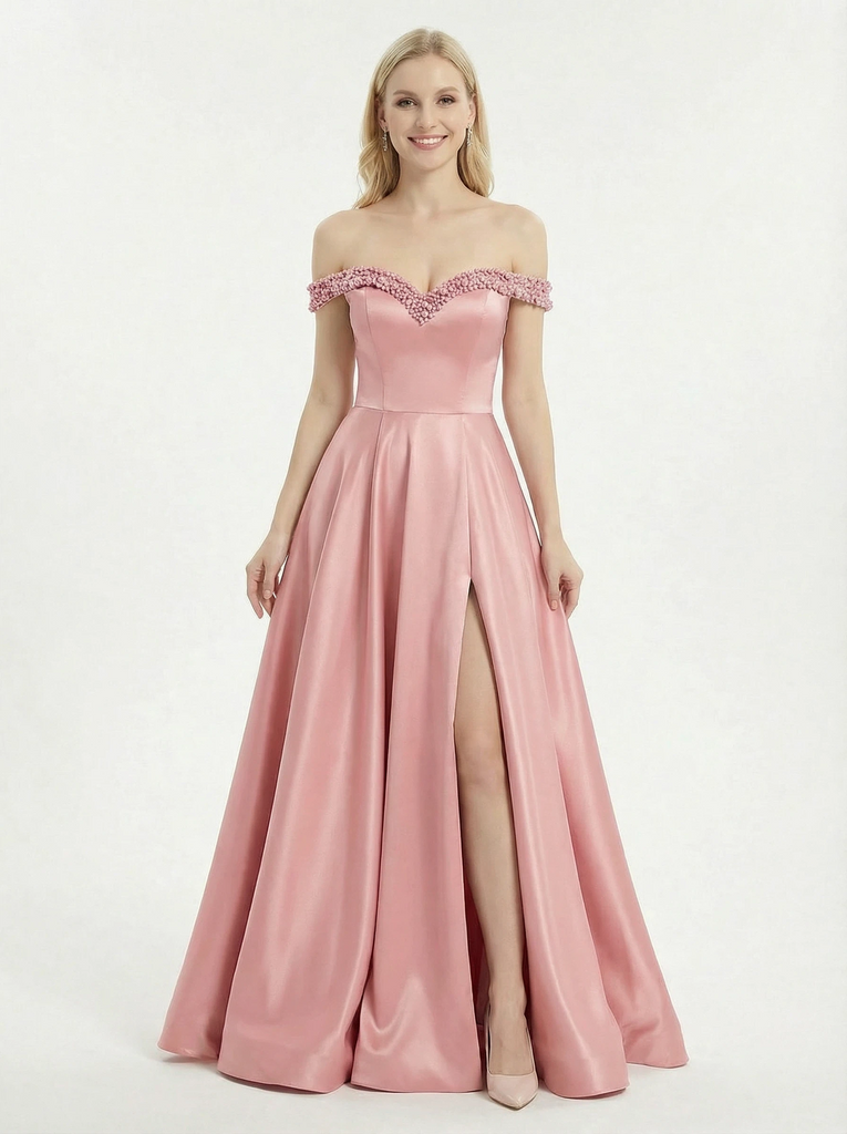 Elegant Off Shoulder Sweetheart Satin Side Slit Prom Dress With A-Line Silhouette