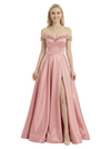 Chicsew Elegant Off Shoulder Beaded Satin A-line Prom Dress Side Slit