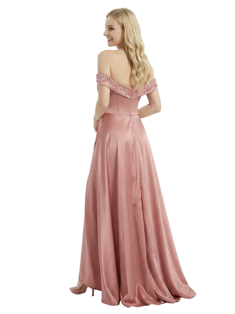 Chicsew Elegant Off Shoulder Beaded Satin A-line Prom Dress Side Slit