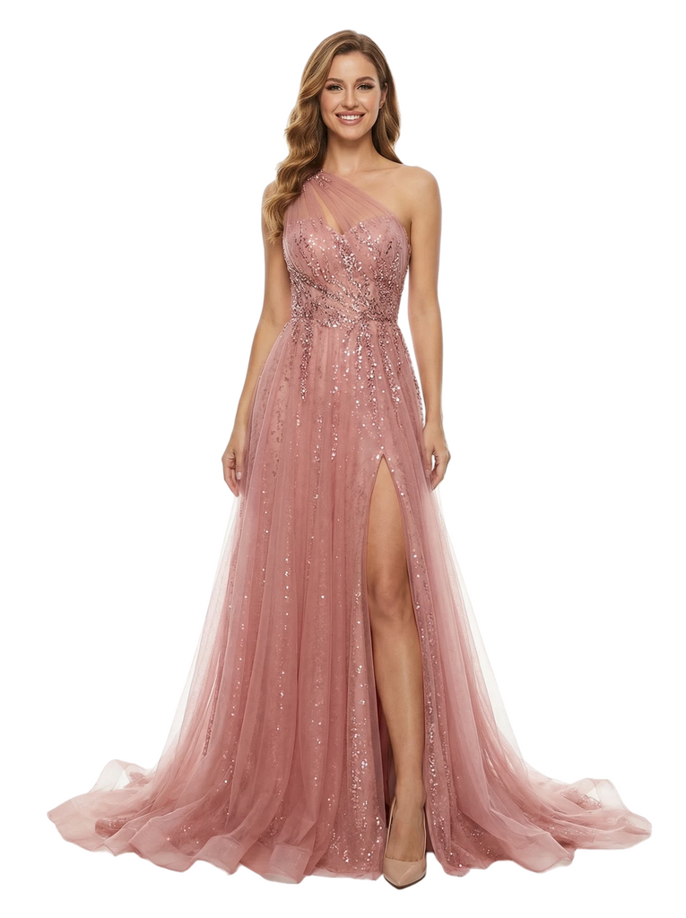 Sexy One Shoulder Sleeveless Tulle Lace Appliques Side Slit A-Line Formal Prom Dress- ChicSew Sexy One Shoulder Sleeveless Tulle Lace Appliques Side Slit A-Line Formal Prom Dress- ChicSew