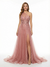 Elegant Sequined Tulle A-Line One Shoulder Side Slit Long Party Prom Dresses
