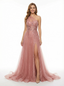 Elegant Sequined Tulle A-Line One Shoulder Side Slit Long Party Prom Dresses