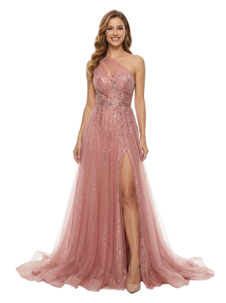 ChicSew Sexy One Shoulder Tulle Lace Appliques Side Slit A-Line Formal Prom Dress