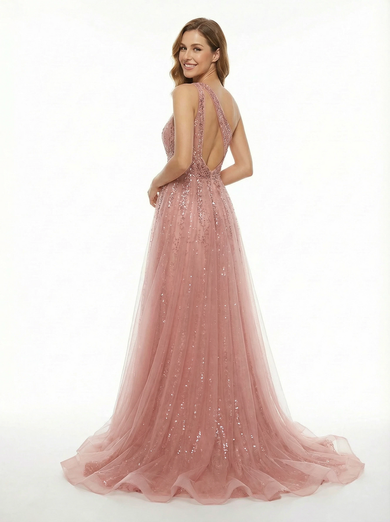 Elegant Sequined Tulle A-Line One Shoulder Side Slit Long Party Prom Dresses