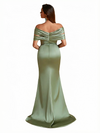 Women Elegant Off The Shoulder Ruched Satin Mermaid Long Formal Dresses Side Slit