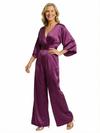 Chicsew Vintage V-Neck 3/4 Sleeves Satin Floor Length Mother of The Bride Jumpsuit