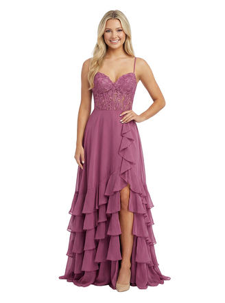 Stunning Corset Spaghetti Straps Side Slit Lace Ruffle Chiffon Prom Gown Unique A-Line Long Dress
