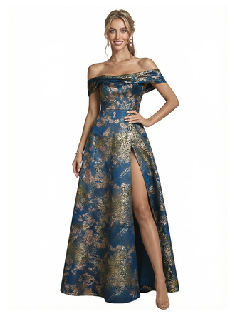 ChicSew Elegant Floral Off Shoulder A-Line Side Slit Long Formal Evening Dresses